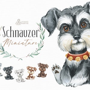 Miniature Schnauzer. Watercolor little animal clipart, portrait, puppy, doggie, baby, flowers, nursery, dog, wreath, bowtie, cute, pet