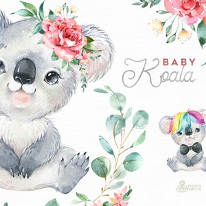 Baby Koala. Watercolor little animals clipart Australia portrait eucalyptus wreath flowers kids koala bear nursery art baby-shower