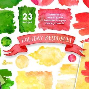 Holiday Resources Clipart. 23 Watercolor images. Banners, brush strokes, backgrounds, red, green, gold, round spot, abstract, christmas, diy