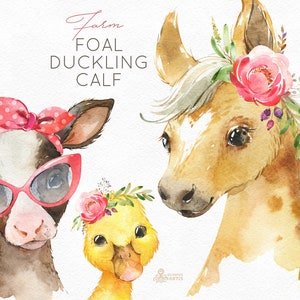 Farm Foal Calf Duckling. Watercolor little animals clipart, baby cow horse duck, country, flowers, kids, nursery art, nature, baby-shower