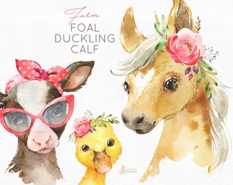 Farm Foal Calf Duckling. Watercolor little animals clipart, baby cow horse duck, country, flowers, kids, nursery art, nature, baby-shower