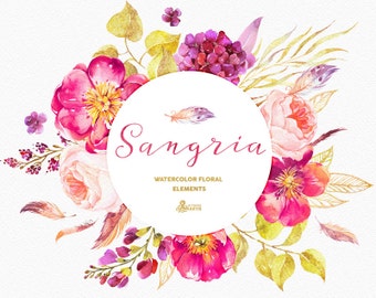 Sangria. Burgundy and gold floral Elements, watercolour handpainted clip art, poppies, wedding, invitations, diy, golden flowers