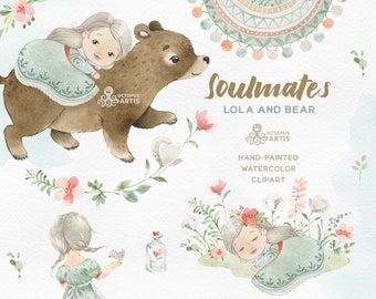 Soulmates. Lola & Bear. Watercolor clipart, flowers png, woodland friends, girl sleeping, baby shower party, birthday, inspiration clipart