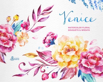 Venice. Watercolor floral Bouquets and Wreath, popies, roses, wedding invitation, greeting card, diy clip art, flowers, blue pink, clipart