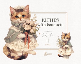 Kitties With Bouquets - Vintage. Watercolor Animal clipart, Flowers, birthday clipart, cat, dress, nursery art png, baby shower, bouquet