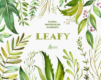 Leafy. Floral Elements. Watercolor branches, leaves, template, wedding invitation, card, diy clip art, green leaf, foliage,