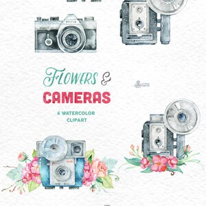 Flowers & Cameras. 6 Handpainted clipart invitation | Etsy