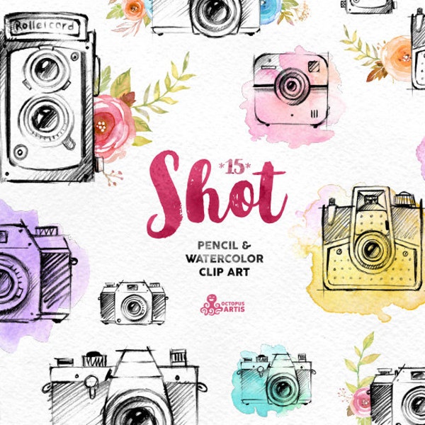 Shot. 15 Handpainted pencil & watercolor cameras, invitation, logo, photocamera, quote, boho, sketch, retro, floral, flowers, diy identity