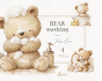 Bear Washing - Vintage. Animal clipart, woodland, bath, bear cub, cute teddy png, watercolor baby bear, teeth cleaning, daily routine, soap