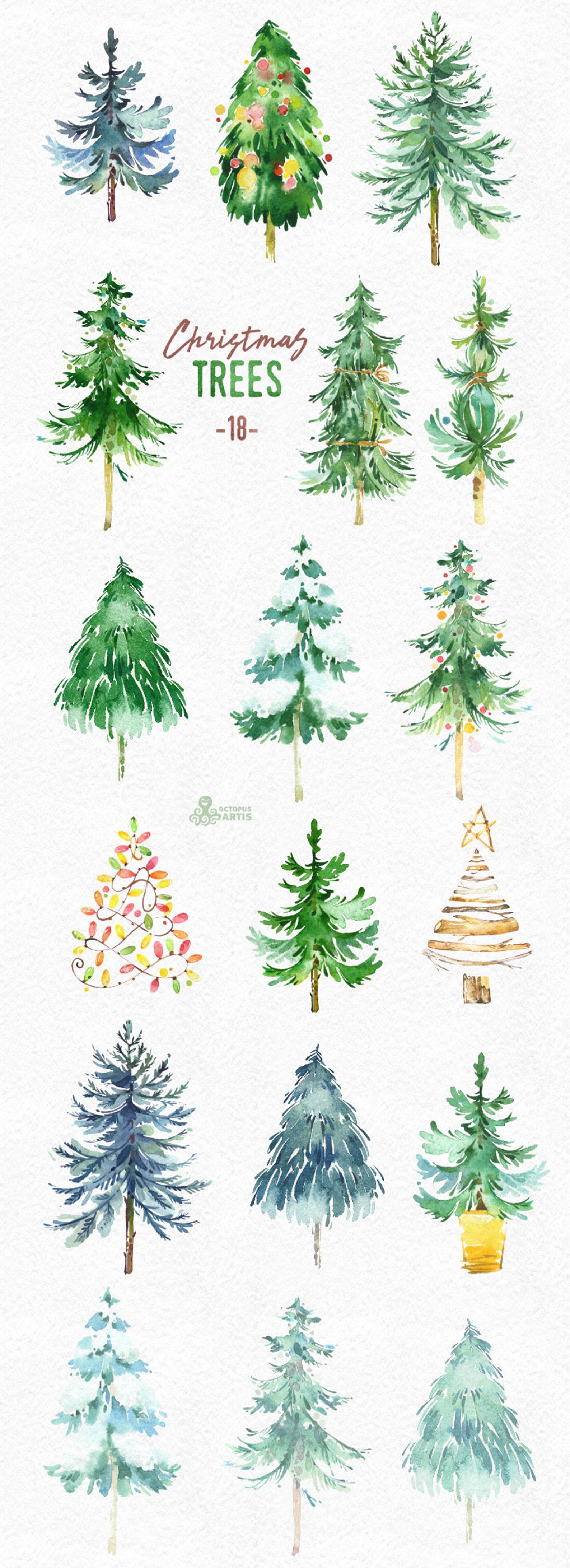 Christmas Trees. 18 Watercolor Holiday Clipart Conifers Etsy Watercolor Christmas Trees