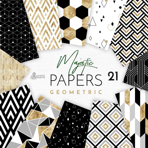 Majestic Geometric 21 Digital Papers and Seamless Patterns. Watercolor polygonal clipart, backdrop, wedding, gold, black, minimal, trend,