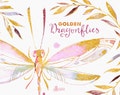 Golden Dragonflies. Watercolor hand painted clipart, wreaths, laurels, diy elements, invitation, wedding, logo, floral, romantic