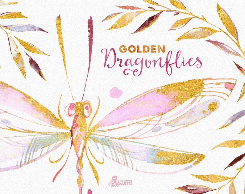 Golden Dragonflies. Watercolor hand painted clipart, wreaths, laurels, diy elements, invitation, wedding, logo, floral, romantic