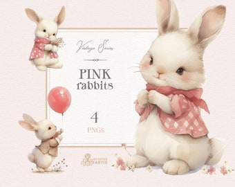 Pink Rabbits - Vintage. Animal clipart, girl bunny, rabbit peter, hare, birthday, flowers, watercolor bunny, nursery, png, baby shower