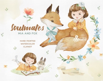 Soulmates. Mia & Fox. Watercolor clipart, flowers png, woodland friends, girl reading clip art, baby shower party, birthday clipart, bunny