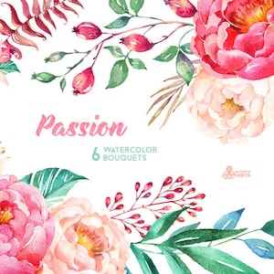 Passion 6 Watercolor Bouquets, hand painted clipart, peonies, floral wedding invite, pink, greeting card, diy clip art, flowers, hawthorn