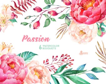 Passion 6 Watercolor Bouquets, hand painted clipart, peonies, floral wedding invite, pink, greeting card, diy clip art, flowers, hawthorn