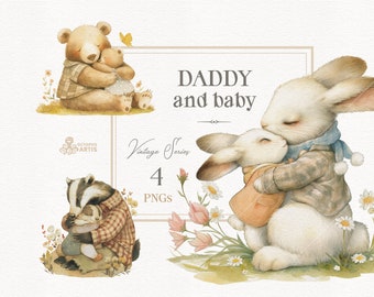 Daddy And Baby - Vintage. Animal clipart, dad and child, watercolor bear, father's day, dad clipart, bunnies, bears, hedgehog, family, hugs