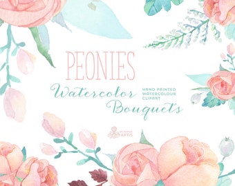 Peonies Watercolor Bouquets: Digital Clipart. Hand painted watercolour floral, wedding diy elements, flowers, invite, printable, blossom