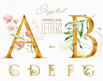 Crystal. Letters. Watercolor floral & alphabet pre-made clipart, leaf, monogram, gold, green, geometric, wild, wedding, bridal, logo, diy