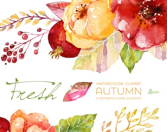 Fresh Autumn Elements Clipart + Bouquet. Handpainted watercolor, wedding invitation, separate floral elements, greeting, diy, pomegranate