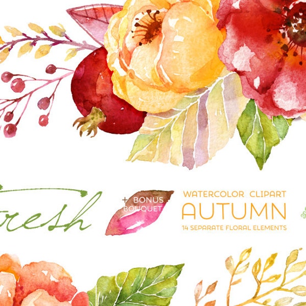 Fresh Autumn Elements Clipart + Bouquet. Handpainted watercolor, wedding invitation, separate floral elements, greeting, diy, pomegranate