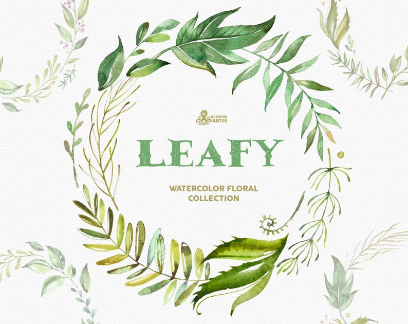 Leafy. Watercolor floral wreaths, branches, leaves, frames, wedding invitation, greeting card, diy clip art, green leaf image 4