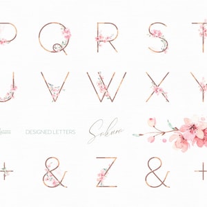 Sakura Letters. Watercolor floral alphabet clipart, monogram, rose gold, pink, delicate, wedding, bridal, logo, abc, cherry blossom, spring image 3