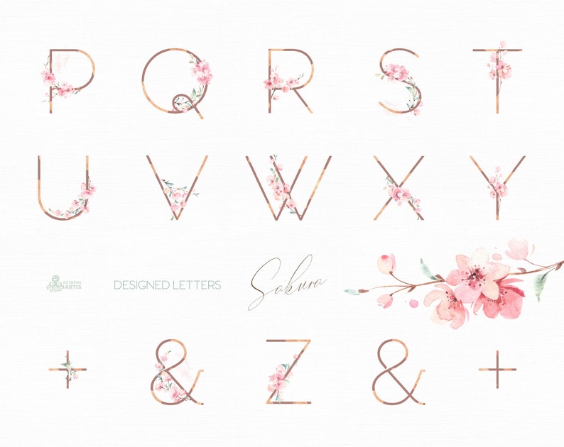 Sakura Letters. Watercolor floral alphabet clipart, monogram, rose gold, pink, delicate, wedding, bridal, logo, abc, cherry blossom, spring image 3