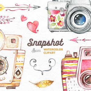 Snapshot. Watercolor handpainted cameras clipart, wedding, diy elements, flowers, invite, logo, photocamera, boho, clip art, photographer