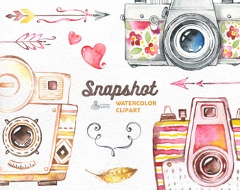 Snapshot. Watercolor handpainted cameras clipart, wedding, diy elements, flowers, invite, logo, photocamera, boho, clip art, photographer