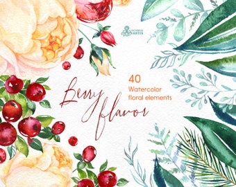 Berry Flavor. 40 Watercolor Floral Elements, hand painted clipart, floral, roses, christmas, winter, greeting card, diy, new year, flowers