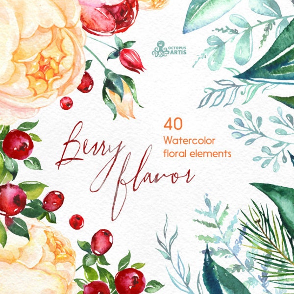 Berry Flavor. 40 Watercolor Floral Elements, hand painted clipart, floral, roses, christmas, winter, greeting card, diy, new year, flowers