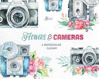 Flowers & Cameras. 6 Handpainted clipart, invitation, photocamera, quote, wedding, boho, retro, floral bouquets, diy