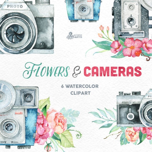 Flowers & Cameras. 6 Handpainted clipart, invitation, photocamera, quote, wedding, boho, retro, floral bouquets, diy