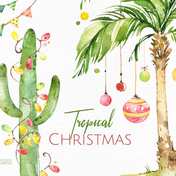 Noël tropical. Aquarelle clipart de vacances, palmiers, cactus, ananas, décor, sud, noël, joyeux, houx, salutation, amusant, chaud, banting