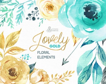 Lovely Flowers Gold. Separate floral Elements. Watercolor Clipart, mint, peony, leaves, arrows, diy, valentines, wedding, boho, turquoise