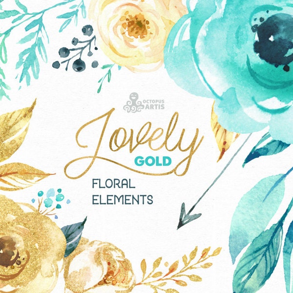 Lovely Flowers Gold. Separate floral Elements. Watercolor Clipart, mint, peony, leaves, arrows, diy, valentines, wedding, boho, turquoise