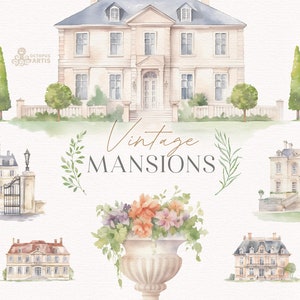 Vintage Mansions. Watercolor clipart, manor houses, cottage, environment, flowers, png, landscape, venue, wedding, save the date, scene