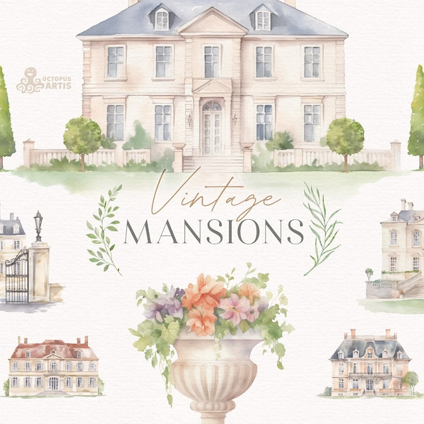 Vintage Mansions. Watercolor clipart, manor houses, cottage, environment, flowers, png, landscape, venue, wedding, save the date, scene