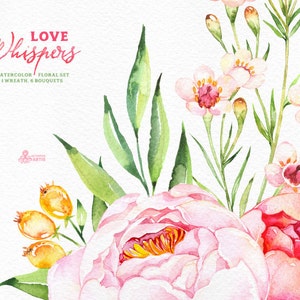 Love Whispers: 6 Watercolor Bouquets and 1 Wreath, flowers clipart, peony, wedding invitation, greeting card, diy clip art, flowers, spring image 3