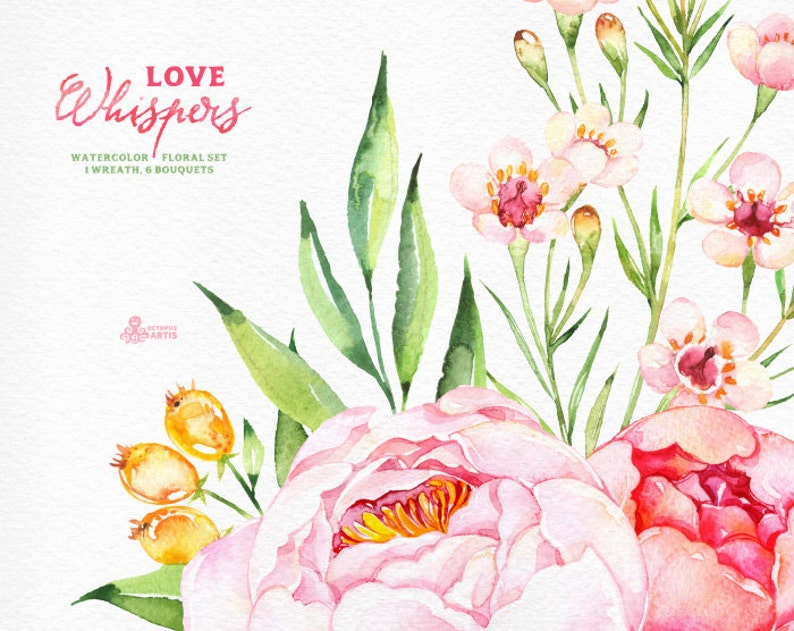 Love Whispers: 6 Watercolor Bouquets and 1 Wreath, flowers clipart, peony, wedding invitation, greeting card, diy clip art, flowers, spring image 3