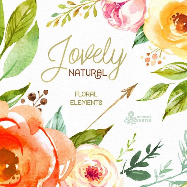 Lovely Natural. Separate floral Elements. Watercolor Clipart, peony, flourish, arrows, flowers, wedding, country, boho, romantic, bridal