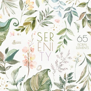 Serenity. 65 Floral Elements. Watercolor hand-painted separate clipart, gold, leaves, dusty green, wedding, leaf, card, flowers, splashes