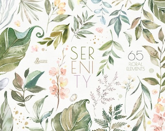 Serenity. 65 Floral Elements. Watercolor hand-painted separate clipart, gold, leaves, dusty green, wedding, leaf, card, flowers, splashes