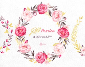 Gold Passion: 3 Wreaths, Watercolor hand painted clipart, peonies, floral wedding invite, pink, greeting card, diy art, flowers, glitter