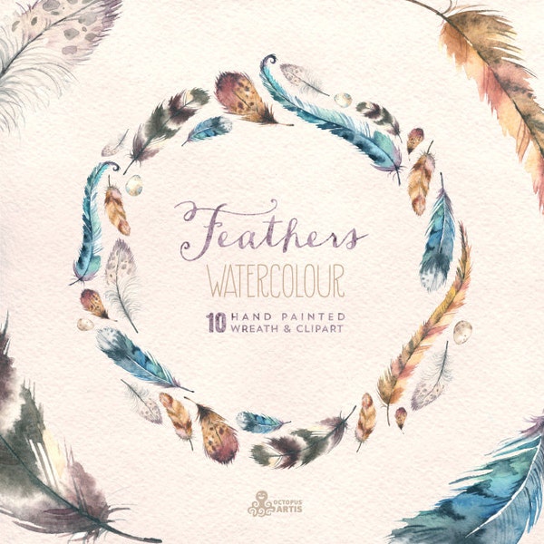 Feathers Watercolour Clipart & wreath. Hand painted watercolour, wedding diy elements, frame, invite, eggs, romantic, transparent feathers