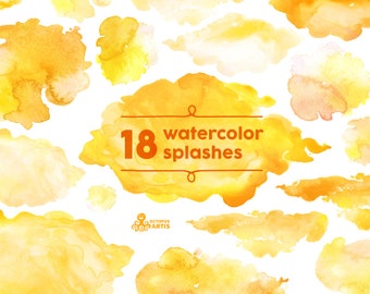 Watercolor Splashes Clipart. Yellow, orange. 18 Digital files. Hand painted, brush strokes, splodge, pools, splotch, abstract, background