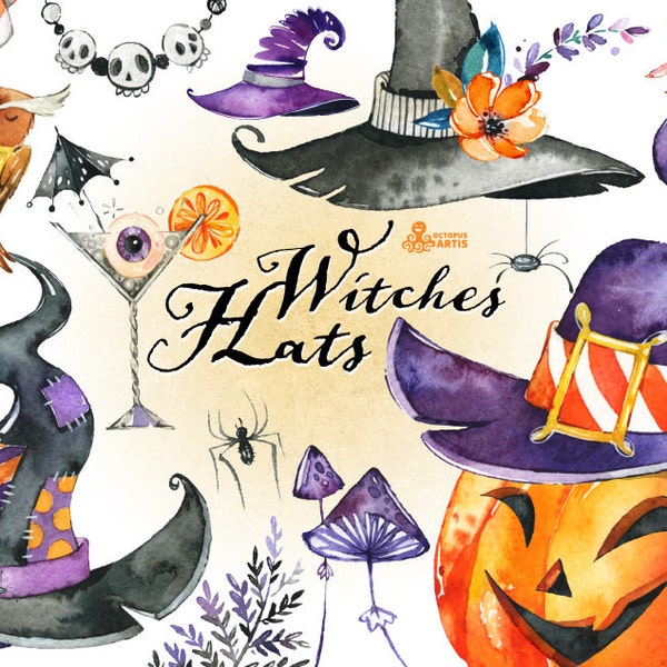 Witches Hats. Watercolor Halloween clipart, handpainted, pumpkin, cocktail, mushrooms, purple, flowers, skulls, spyder, invite, diy