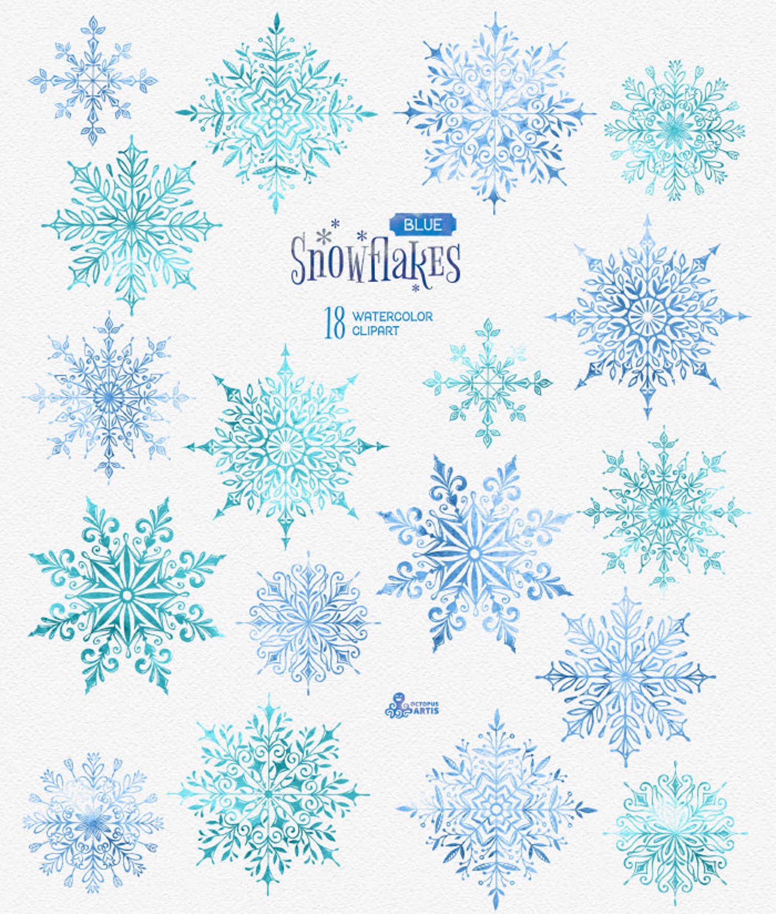Snowflakes Blue. 18 Watercolor Separate Elements Clipart - Etsy